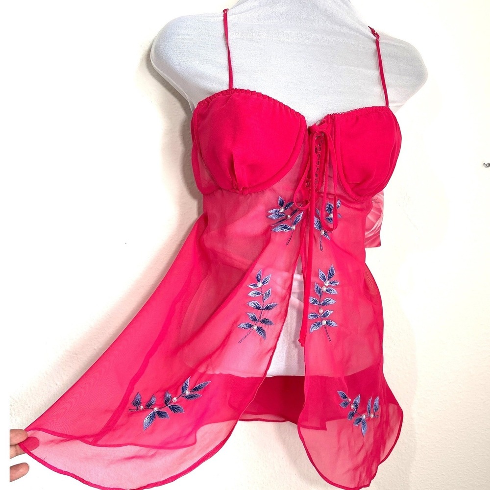 Y2K L Fairy Whimsy‎ Coquette Barbiecore Babydoll Chemise Pink Floral Embroidery